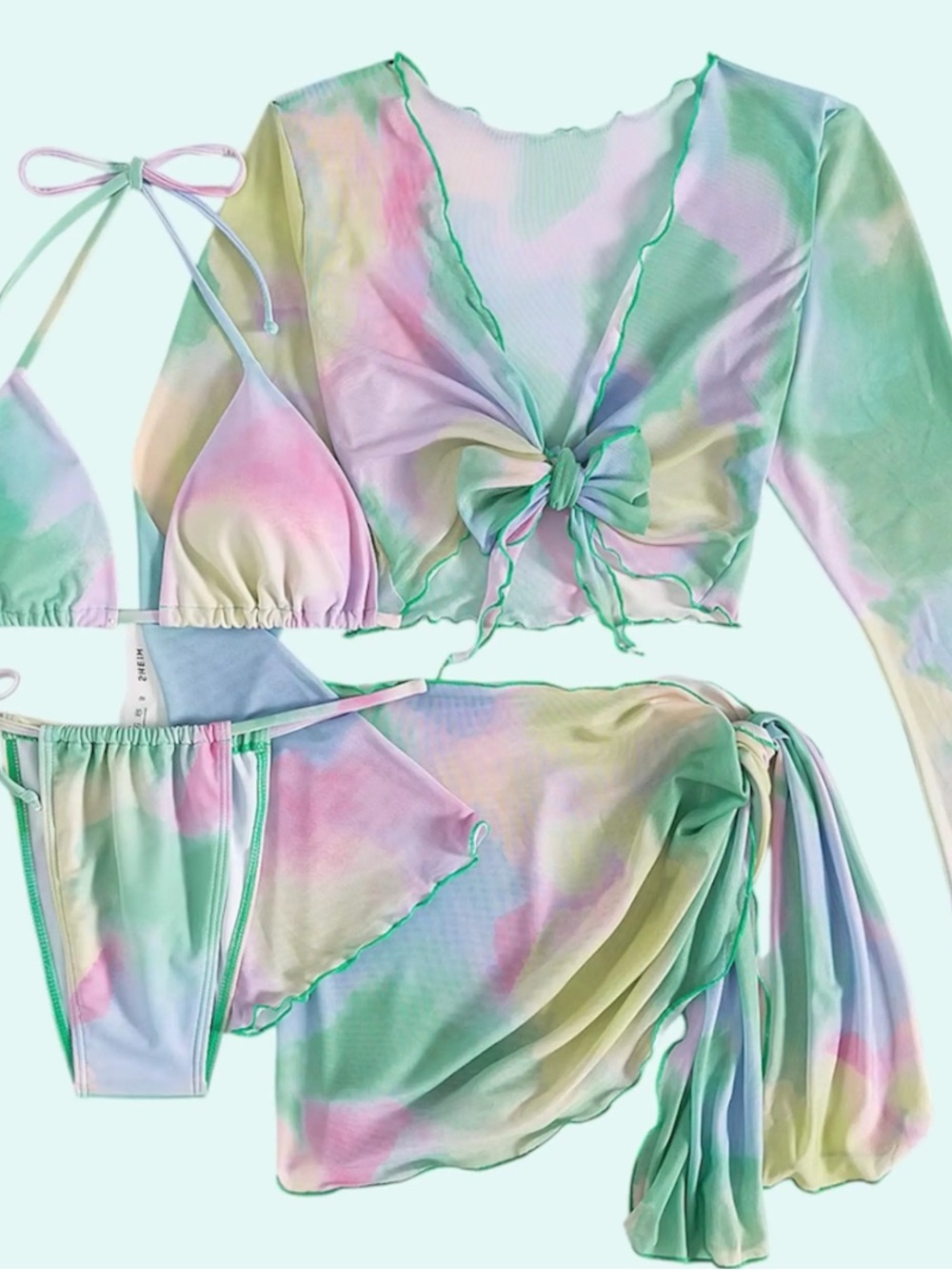 Pastel Tie-Dye Mesh Bikini Set with Cover-Up 4pc